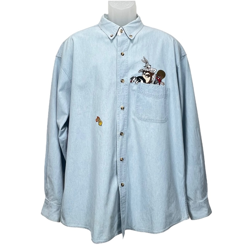 Acme Clothing Co Men XL Embroidered Looney Tunes Chambray Button Up L/S Shirt